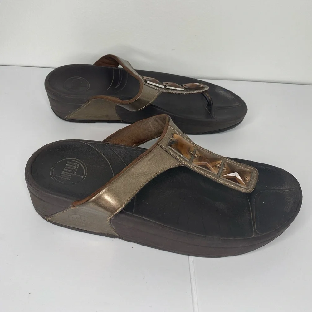 FITFLOP Pietra Bronze Rhinestone Comfort Platform Women's Wedge Sandals AS IS